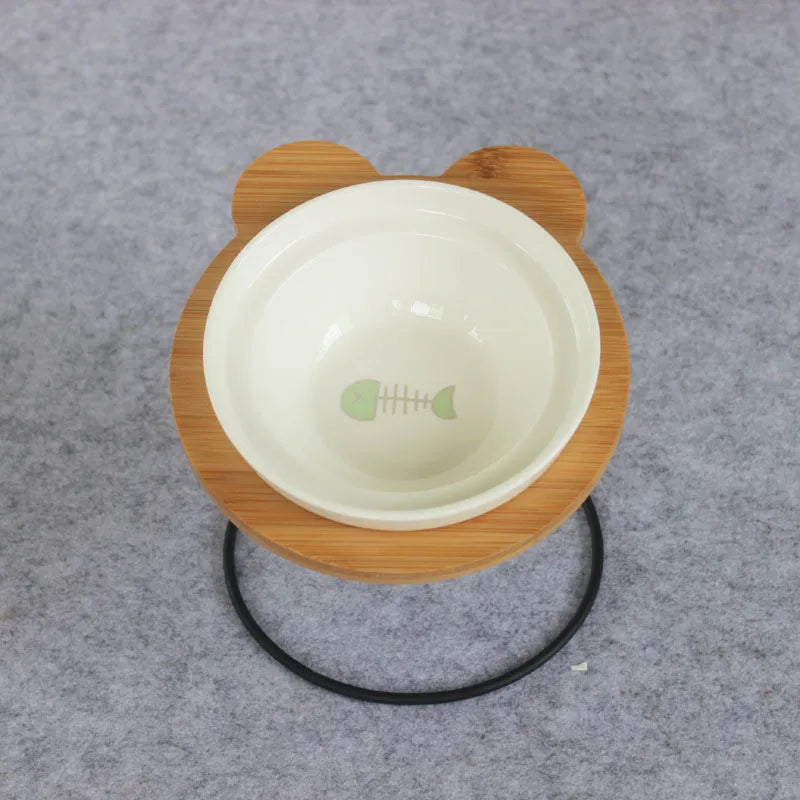 Elevated Bamboo Pet Feeder – Ceramic Food & Water Bowls for Dogs and Cats, Modern Feeding Station