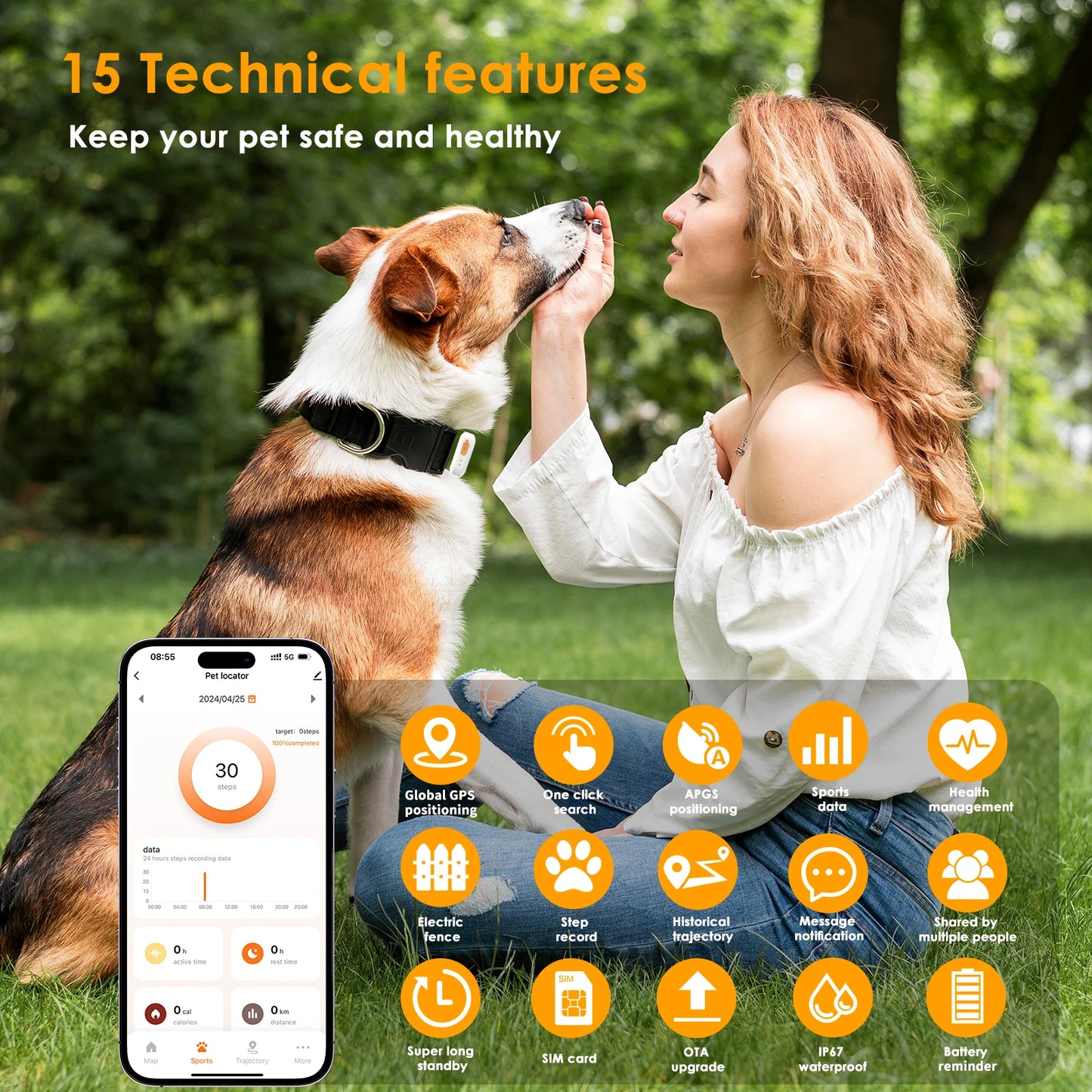 Real-Time GPS Pet Collar Tracker Health Monitoring & Step Counting for Dogs