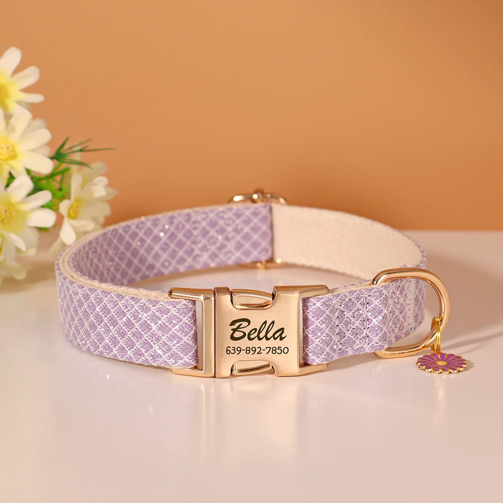 Personalized Nylon Pet Collar – Engraved ID Tag and Flower Accessory for Dogs & Cats