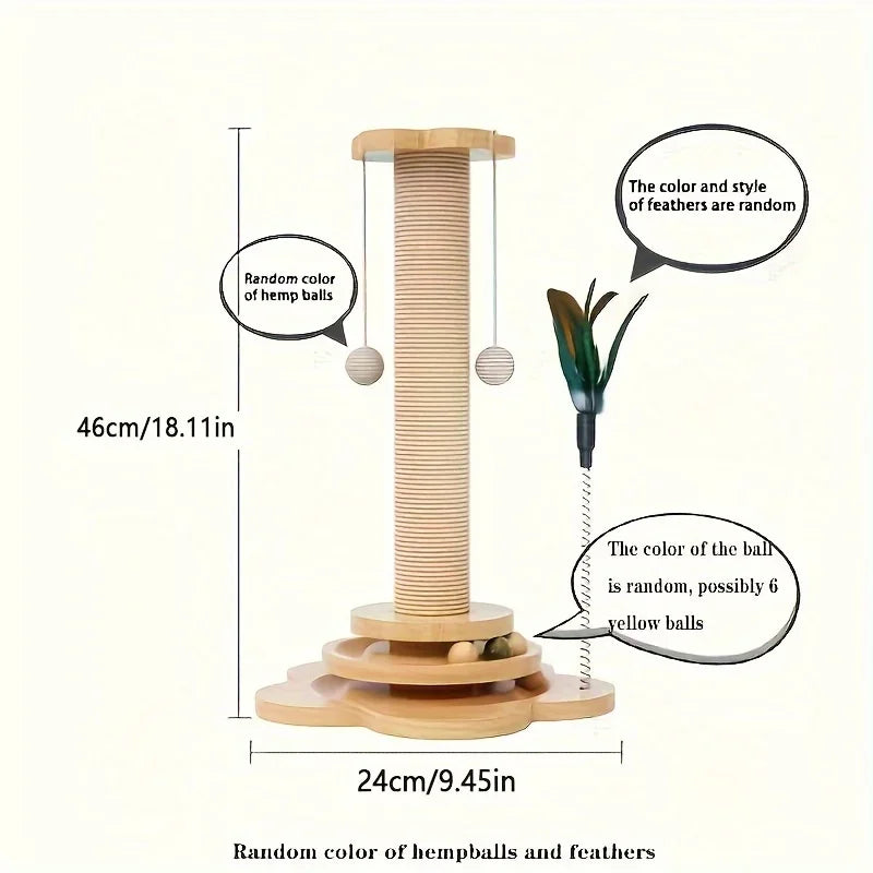 Solid Wood Cat Scratching Post with Turntable & Teaser Stick – Durable Interactive Cat Toy for Cats