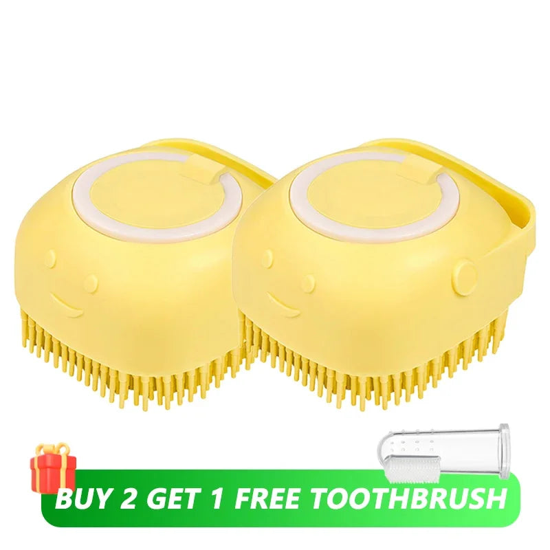 Dog Bathing Brush with Shampoo Dispenser – Soft Silicone Massage Grooming Brush for Dogs & Cats
