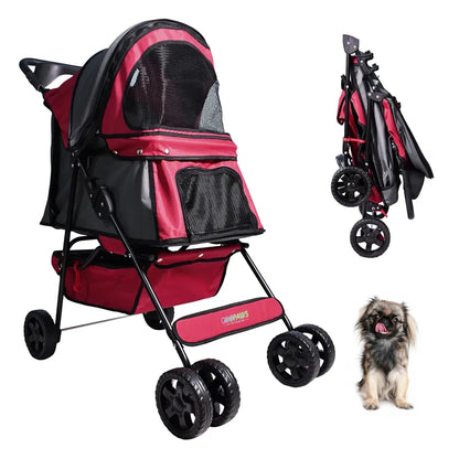4-Wheel Pet Stroller for Dogs & Cats – Foldable Pet Carrier with Storage Basket, Cup-Holder.