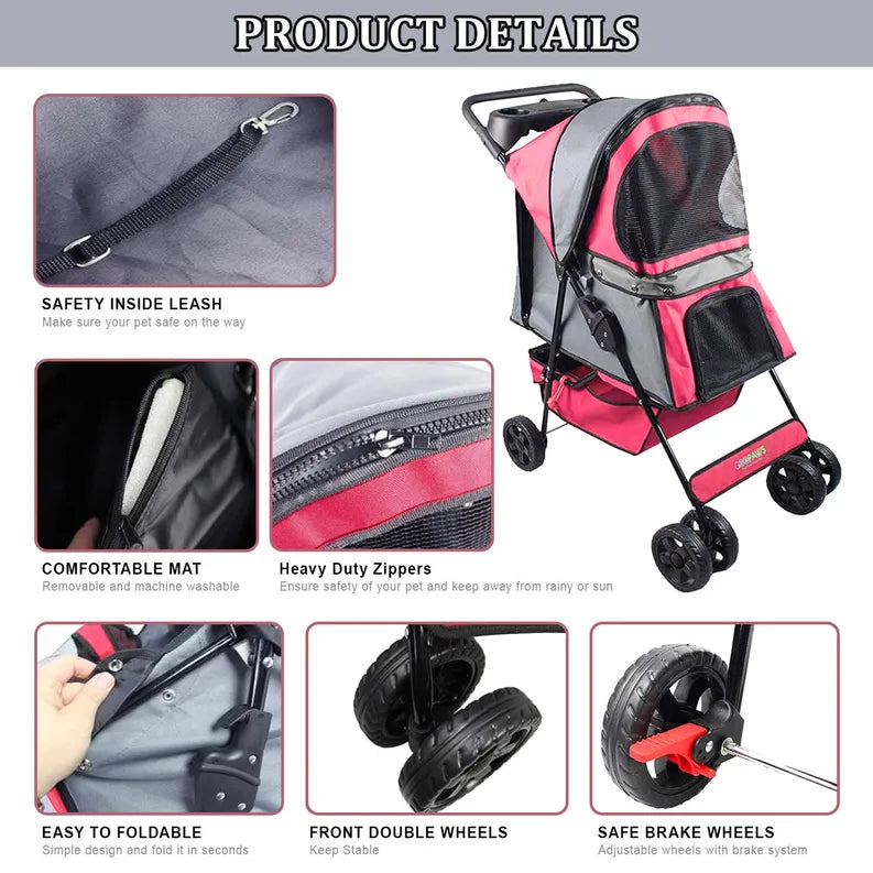 4-Wheel Pet Stroller for Dogs & Cats – Foldable Pet Carrier with Storage Basket, Cup-Holder.