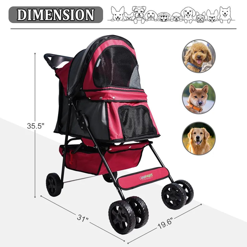 4-Wheel Pet Stroller for Dogs & Cats – Foldable Pet Carrier with Storage Basket, Cup-Holder.