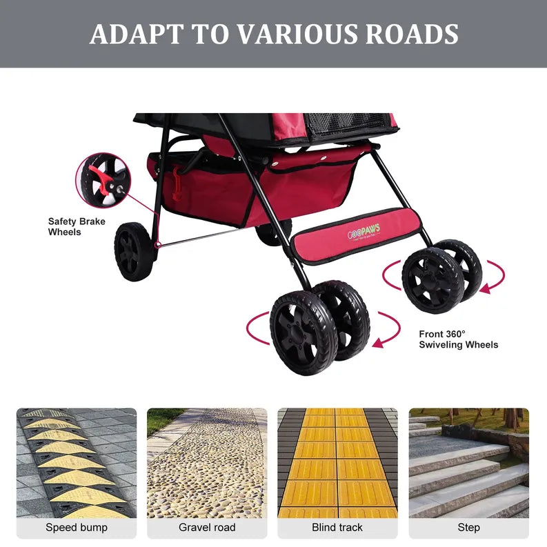 4-Wheel Pet Stroller for Dogs & Cats – Foldable Pet Carrier with Storage Basket, Cup-Holder.