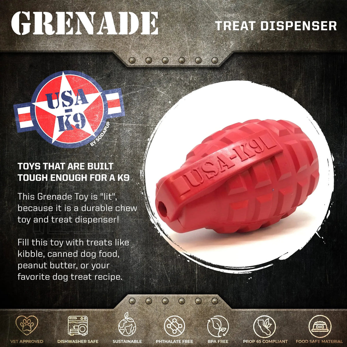 Grenade Shaped eDispenser Durable Dog Chew Toy & Treat Dispenser
