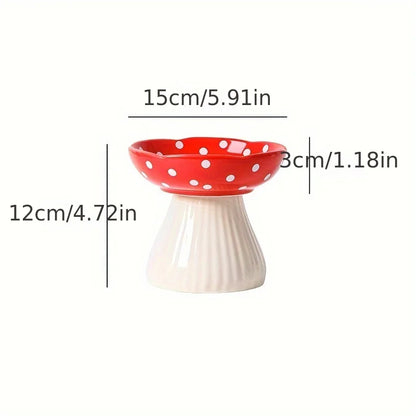 6-Inch Elevated Mushroom Cat Bowl – Ceramic Beard-Friendly Food & Water Dish with Ergonomic Raised Design