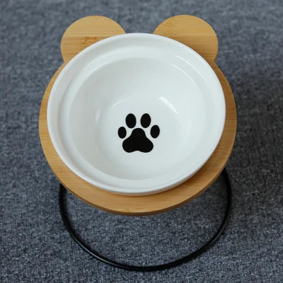 Elevated Bamboo Pet Feeder – Ceramic Food & Water Bowls for Dogs and Cats, Modern Feeding Station