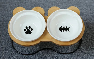 Elevated Bamboo Pet Feeder – Ceramic Food & Water Bowls for Dogs and Cats, Modern Feeding Station
