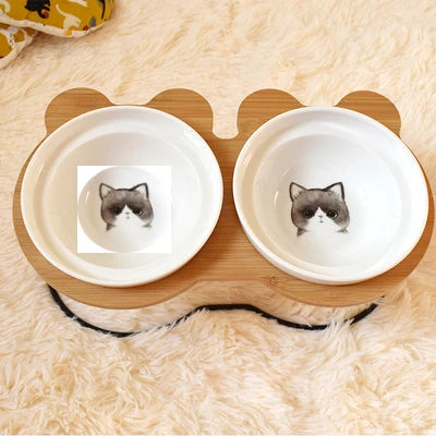 Elevated Bamboo Pet Feeder – Ceramic Food & Water Bowls for Dogs and Cats, Modern Feeding Station