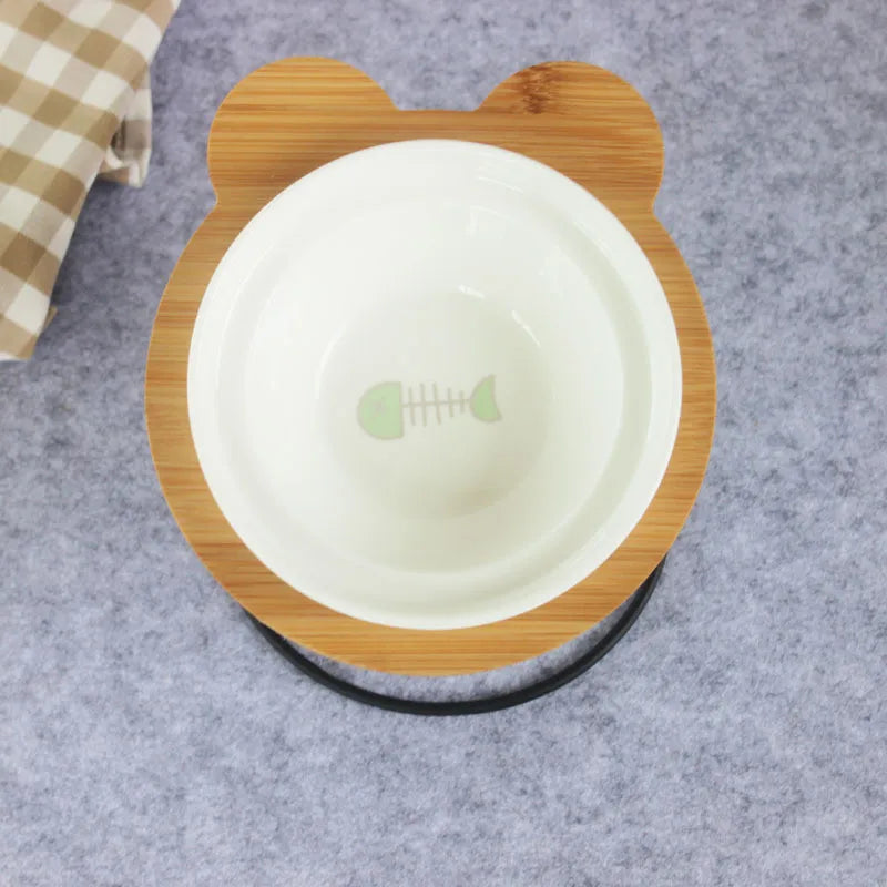 Elevated Bamboo Pet Feeder – Ceramic Food & Water Bowls for Dogs and Cats, Modern Feeding Station