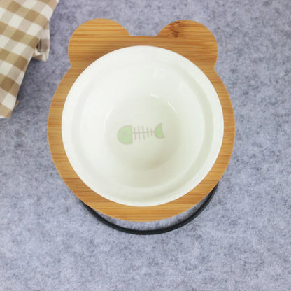 Elevated Bamboo Pet Feeder – Ceramic Food & Water Bowls for Dogs and Cats, Modern Feeding Station