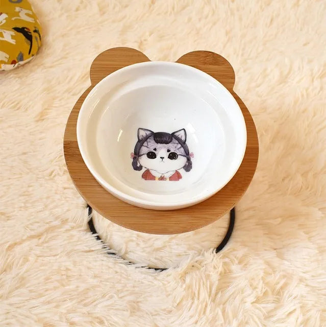 Elevated Bamboo Pet Feeder – Ceramic Food & Water Bowls for Dogs and Cats, Modern Feeding Station