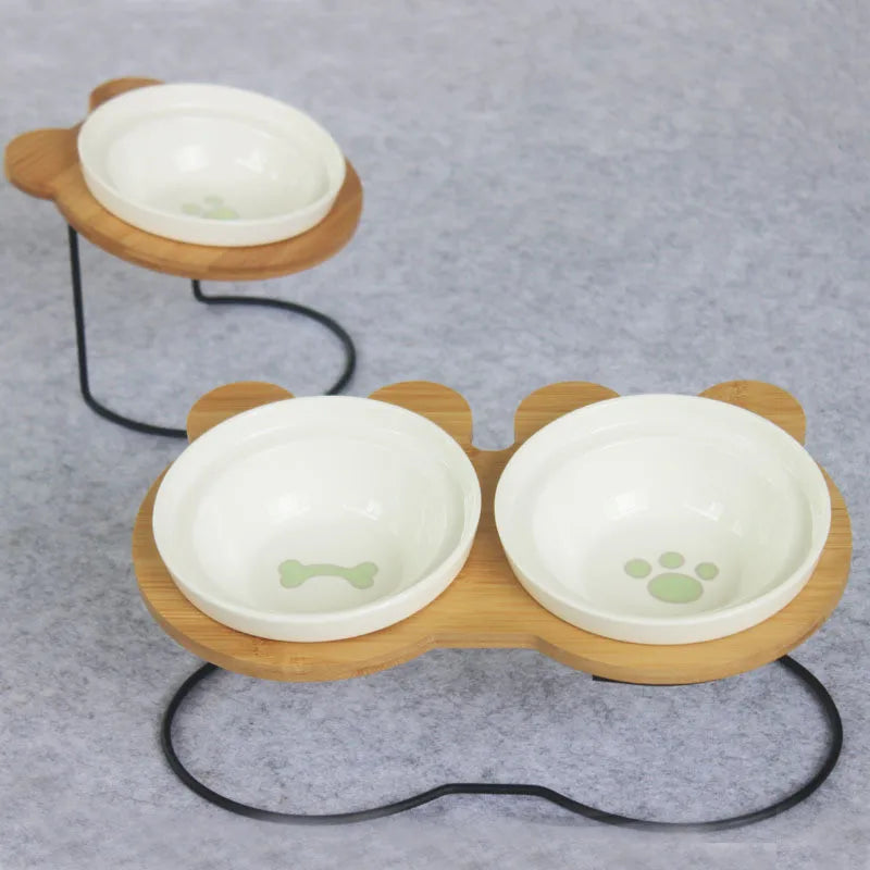 Elevated Bamboo Pet Feeder – Ceramic Food & Water Bowls for Dogs and Cats, Modern Feeding Station