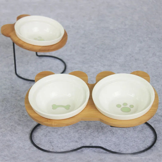 Elevated Bamboo Pet Feeder – Ceramic Food & Water Bowls for Dogs and Cats, Modern Feeding Station