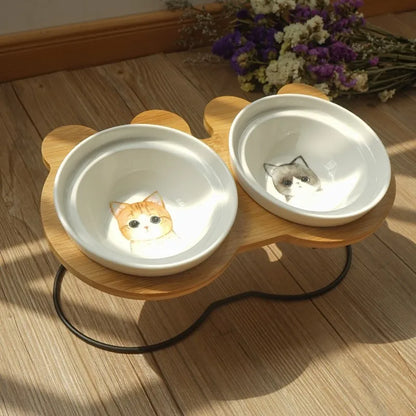 Elevated Bamboo Pet Feeder – Ceramic Food & Water Bowls for Dogs and Cats, Modern Feeding Station