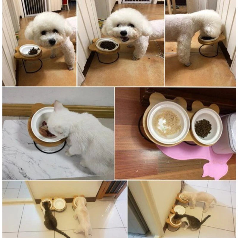 Elevated Bamboo Pet Feeder – Ceramic Food & Water Bowls for Dogs and Cats, Modern Feeding Station