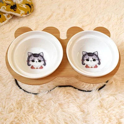 Elevated Bamboo Pet Feeder – Ceramic Food & Water Bowls for Dogs and Cats, Modern Feeding Station