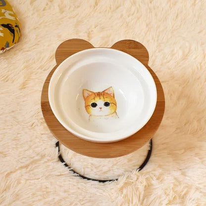 Elevated Bamboo Pet Feeder – Ceramic Food & Water Bowls for Dogs and Cats, Modern Feeding Station