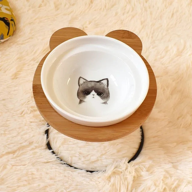 Elevated Bamboo Pet Feeder – Ceramic Food & Water Bowls for Dogs and Cats, Modern Feeding Station