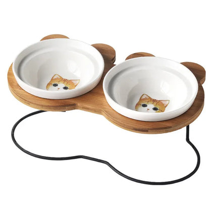 Elevated Bamboo Pet Feeder – Ceramic Food & Water Bowls for Dogs and Cats, Modern Feeding Station