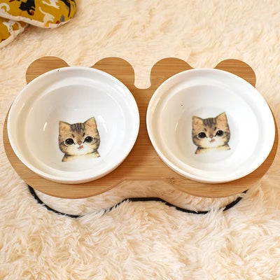 Elevated Bamboo Pet Feeder – Ceramic Food & Water Bowls for Dogs and Cats, Modern Feeding Station