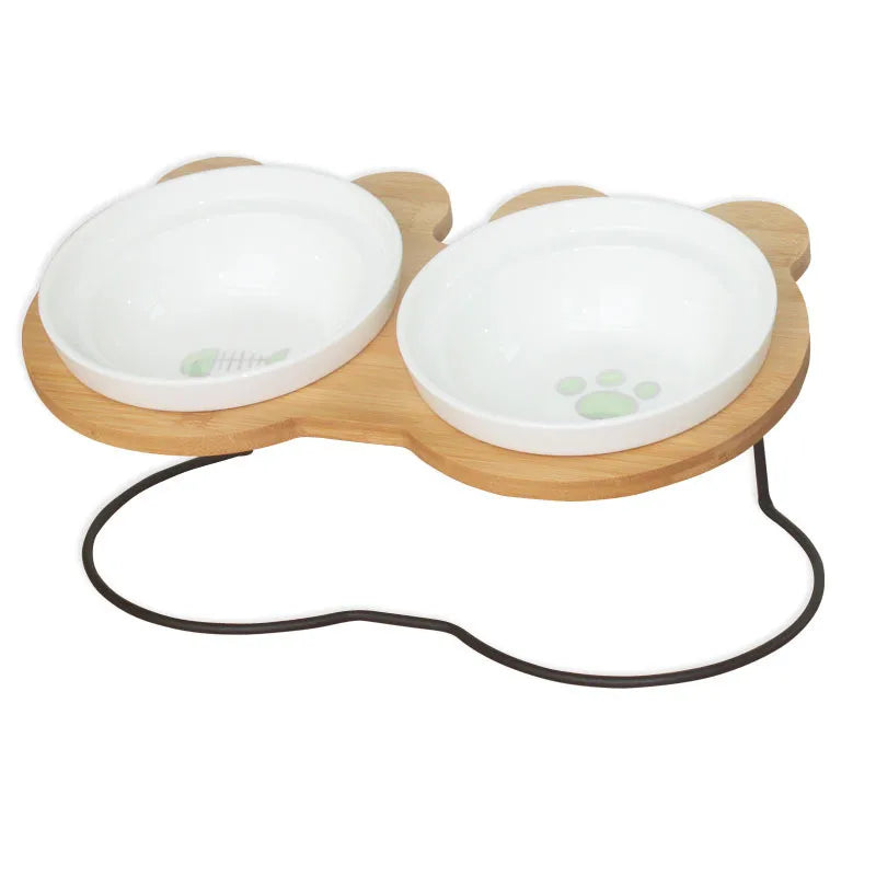 Elevated Bamboo Pet Feeder – Ceramic Food & Water Bowls for Dogs and Cats, Modern Feeding Station