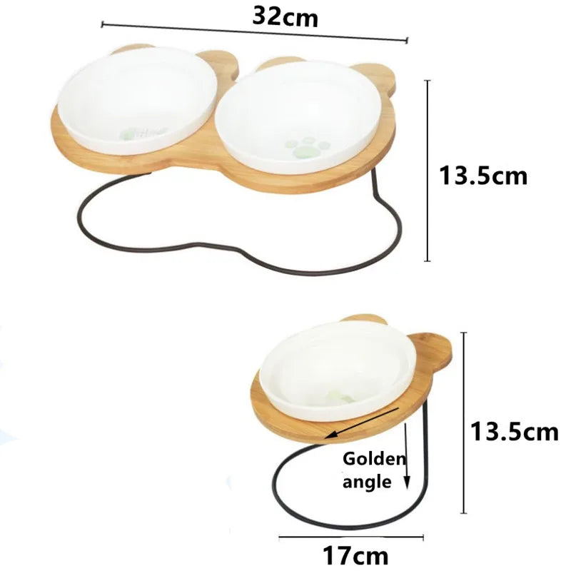 Elevated Bamboo Pet Feeder – Ceramic Food & Water Bowls for Dogs and Cats, Modern Feeding Station