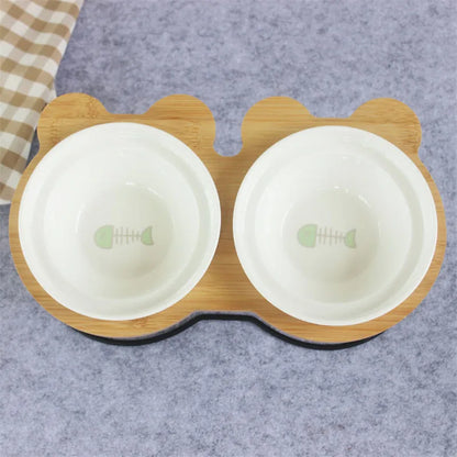 Elevated Bamboo Pet Feeder – Ceramic Food & Water Bowls for Dogs and Cats, Modern Feeding Station