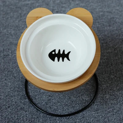 Elevated Bamboo Pet Feeder – Ceramic Food & Water Bowls for Dogs and Cats, Modern Feeding Station