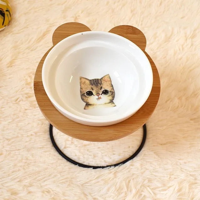Elevated Bamboo Pet Feeder – Ceramic Food & Water Bowls for Dogs and Cats, Modern Feeding Station