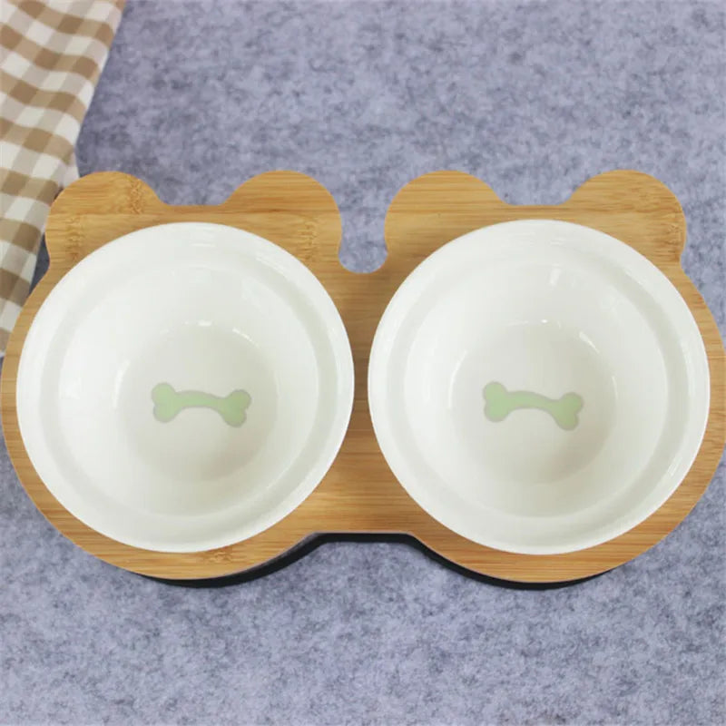 Elevated Bamboo Pet Feeder – Ceramic Food & Water Bowls for Dogs and Cats, Modern Feeding Station