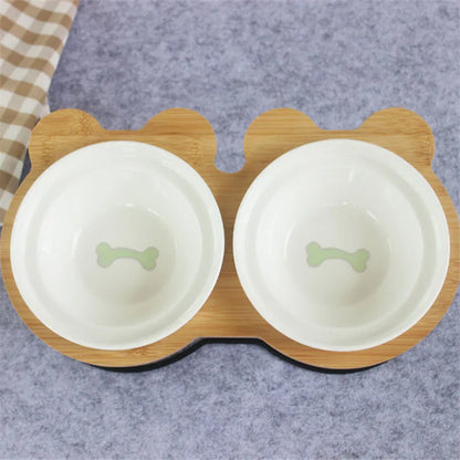 Elevated Bamboo Pet Feeder – Ceramic Food & Water Bowls for Dogs and Cats, Modern Feeding Station