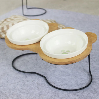 Elevated Bamboo Pet Feeder – Ceramic Food & Water Bowls for Dogs and Cats, Modern Feeding Station