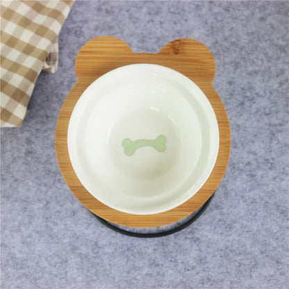 Elevated Bamboo Pet Feeder – Ceramic Food & Water Bowls for Dogs and Cats, Modern Feeding Station