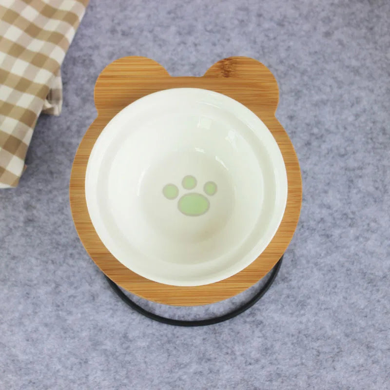 Elevated Bamboo Pet Feeder – Ceramic Food & Water Bowls for Dogs and Cats, Modern Feeding Station