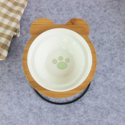 Elevated Bamboo Pet Feeder – Ceramic Food & Water Bowls for Dogs and Cats, Modern Feeding Station