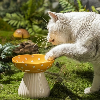 6-Inch Elevated Mushroom Cat Bowl – Ceramic Beard-Friendly Food & Water Dish with Ergonomic Raised Design