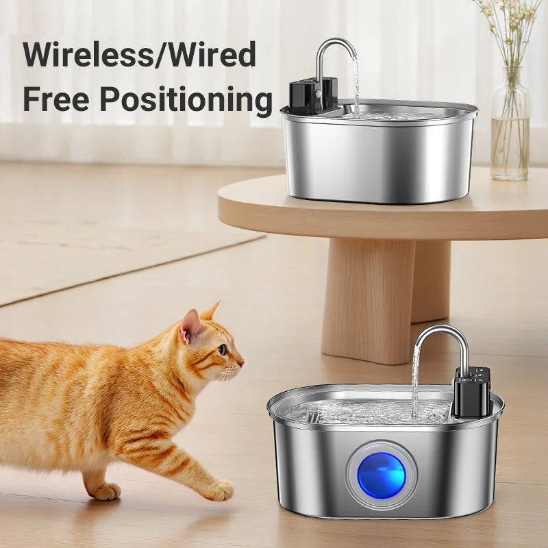 ROJECO 3.2L Stainless Steel Pet Water Fountain – Wireless Sensor Smart Automatic Pet Water Dispenser with 4000mAh Rechargeable Battery