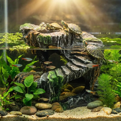Resin Turtle Basking Platform – Non-Toxic Natural Rock Cave Shelter & Aquarium Decoration for Turtles and Aquatic Reptiles