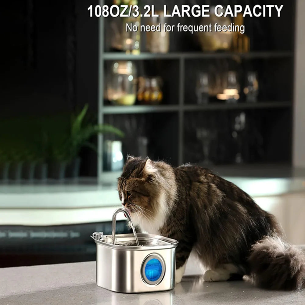 Automatic Cat Water Fountain 3.2L/108oz – Stainless Steel Pet Water Dispenser with Sensor, Ultra-Quiet Pump & Filter System
