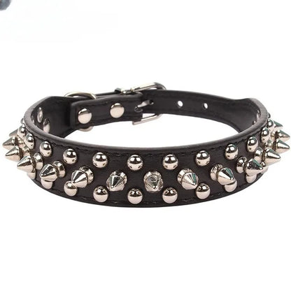 Adjustable Leather Dog Collar with Spikes & Rivet Studs – Punk Style Collar for Small Dogs and Cats