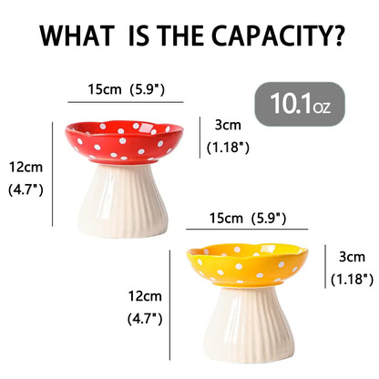 6-Inch Elevated Mushroom Cat Bowl – Ceramic Beard-Friendly Food & Water Dish with Ergonomic Raised Design