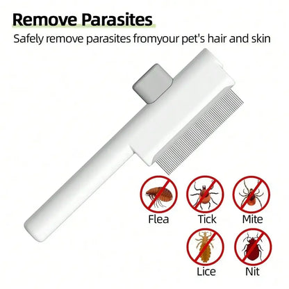 2Pcs Pet Comb Flea Comb Set For Cats Dogs, Cat Grooming Brush With Release Button And Stainless Steel Round Teeth, Self-Cleaning Dog Combs For Removing Pet Hair, Knots & Loose Fur (White)