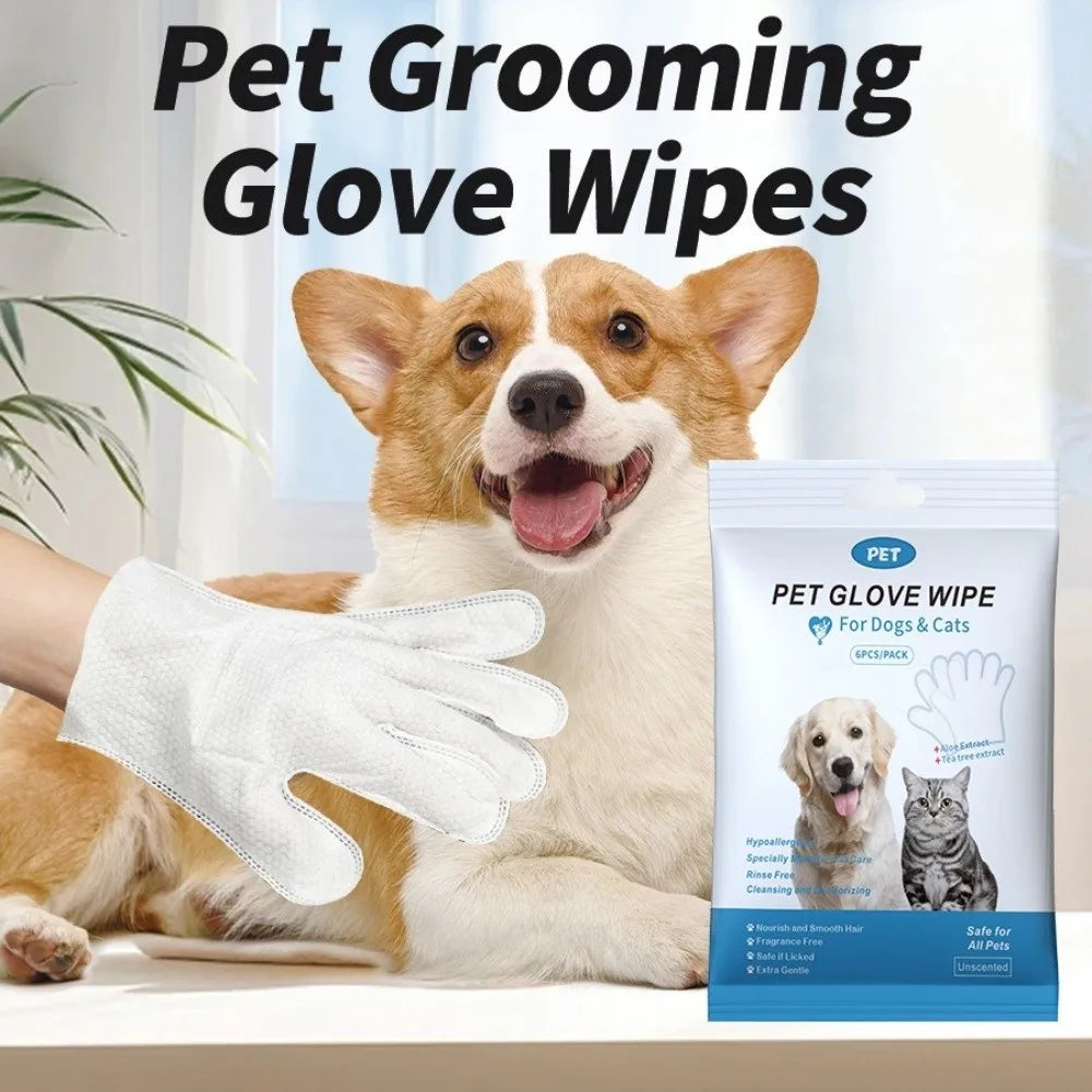 6PCS Pet Cleaning Wipes Gloves – Disposable Deodorizing Paw & Body Bath Wipes for Dogs & Cats