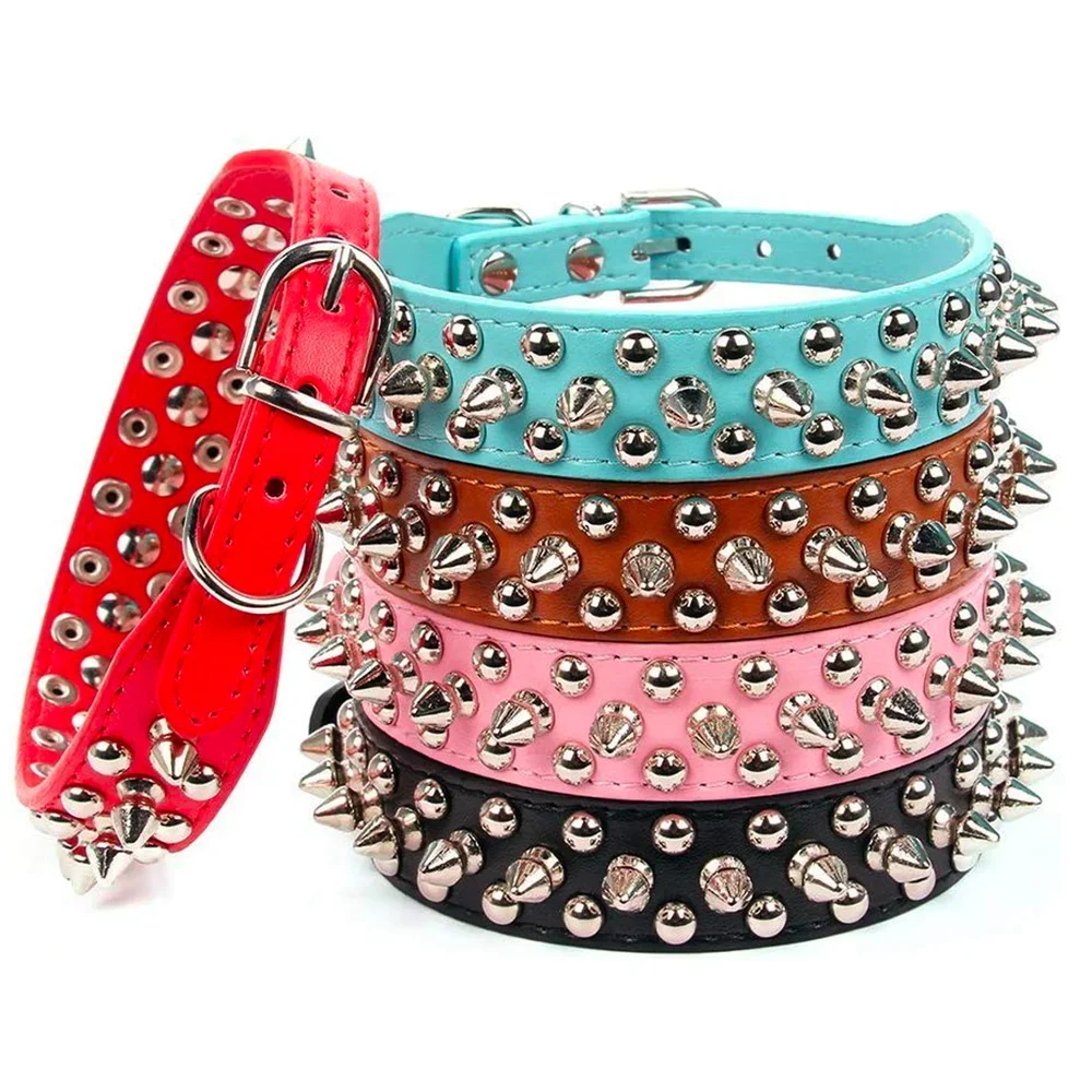 Adjustable Leather Dog Collar with Spikes & Rivet Studs – Punk Style Collar for Small Dogs and Cats