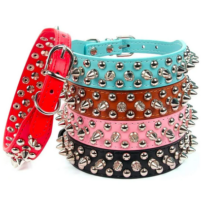 Adjustable Leather Dog Collar with Spikes & Rivet Studs – Punk Style Collar for Small Dogs and Cats