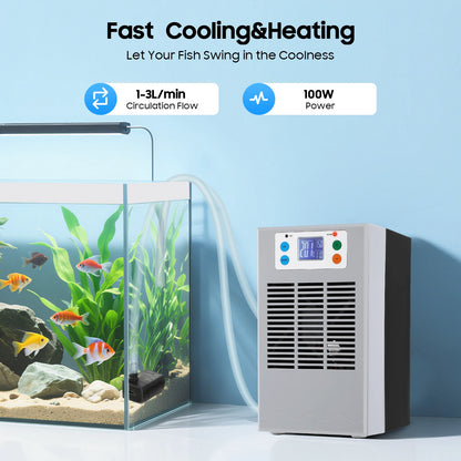 100W Aquarium Heater & Cooling Machine – LED Display Temperature Controller with 10-40°C Adjustment for 30L Fish Tanks