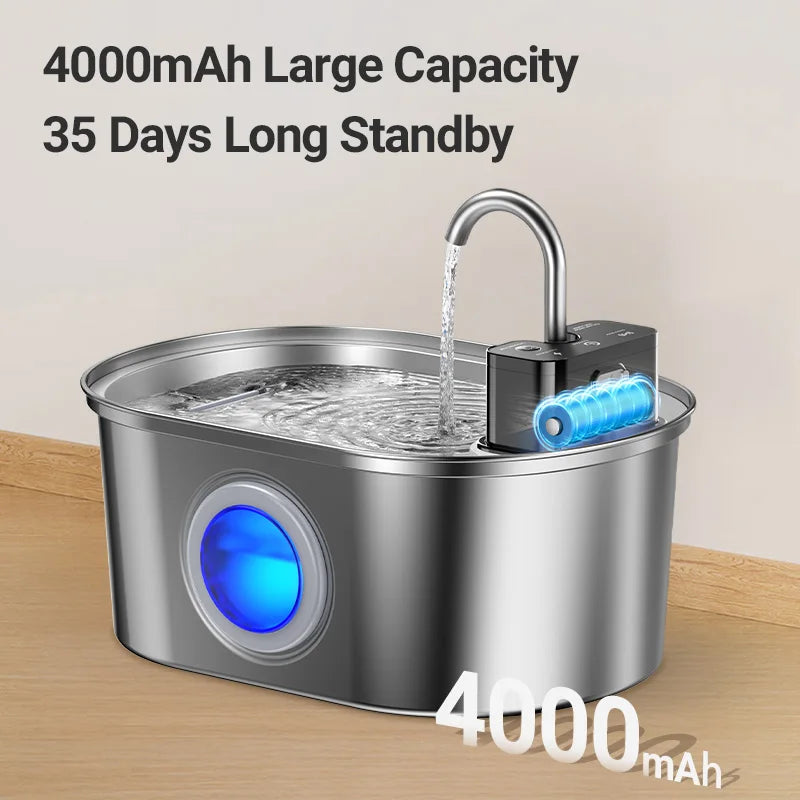 ROJECO 3.2L Stainless Steel Pet Water Fountain – Wireless Sensor Smart Automatic Pet Water Dispenser with 4000mAh Rechargeable Battery