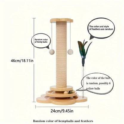 Solid Wood Cat Scratching Post with Turntable & Teaser Stick – Durable Interactive Cat Toy for Cats